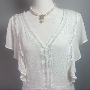 Express White Swiss Dot Dress Women’s Large V Neck Flutter Sleeve Tiered Mini